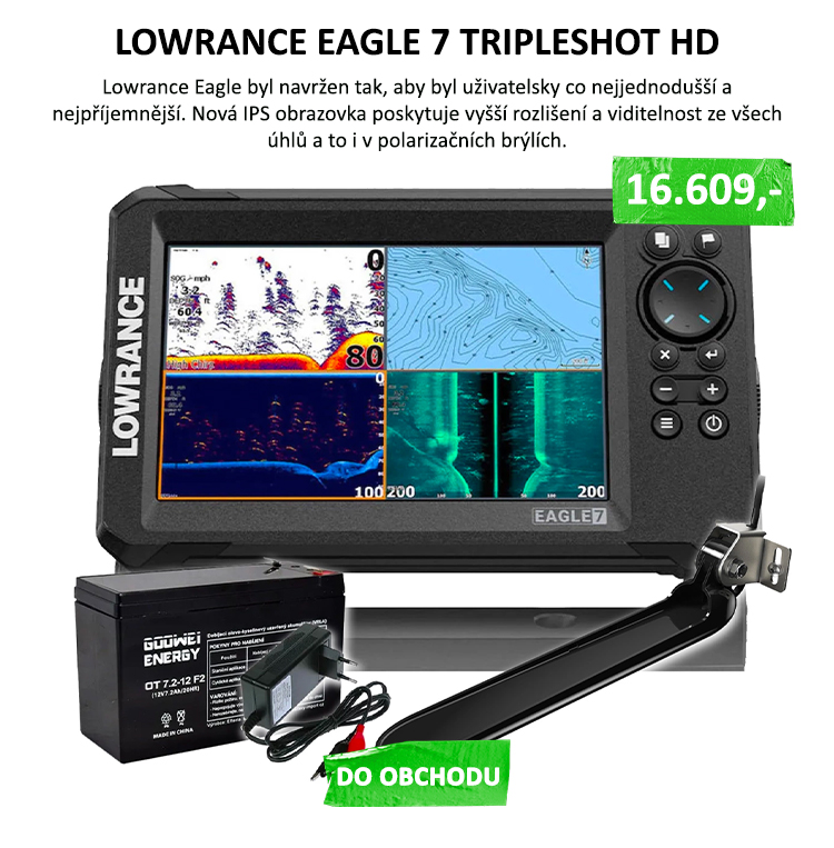 LOWRANCE EAGLE 7 SE SONDOU TRIPLESHOT HD + baterie a nabíječka ZDARMA - Nyní od nás dostanete bateriia nabíječku k echolotu zdarma!! Díky schopnostemširokoúhlého CHIRP sonaruvyhledávat a detailně rozlišovat konkrétní ryby či rybí ...