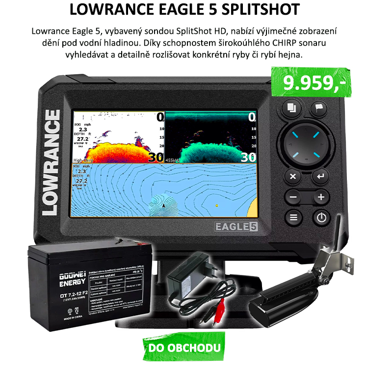 LOWRANCE EAGLE 5 SE SONDOU SPLITSHOT + baterie a nabíječka ZDARMA - Nyní od nás dostanete bateriia nabíječku k echolotu zdarma!! Lowrance Eagle 5, vybavený sondouSplitShot HD, nabízí výjimečné zobrazení dění pod vodní hladinou. Díky ...