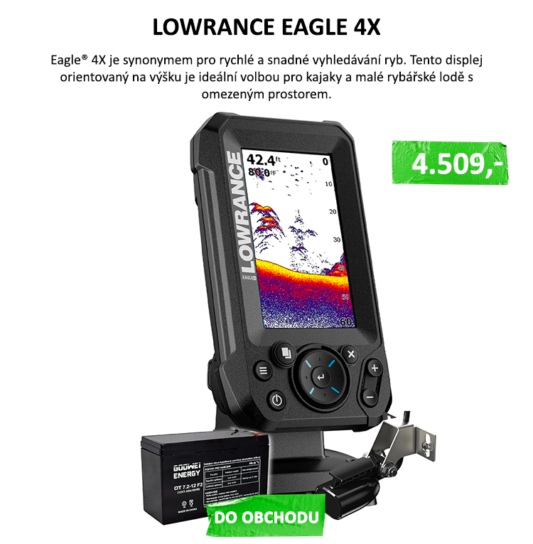 LOWRANCE EAGLE 4X + baterie ZDARMA - Nyní od nás dostanete bateriik echolotu zdarma!! Sonda bullet se širokoúhlým sonarovým snímáním Funkce Autotuning -Jednoduchý sonar s automatickým laděním ...