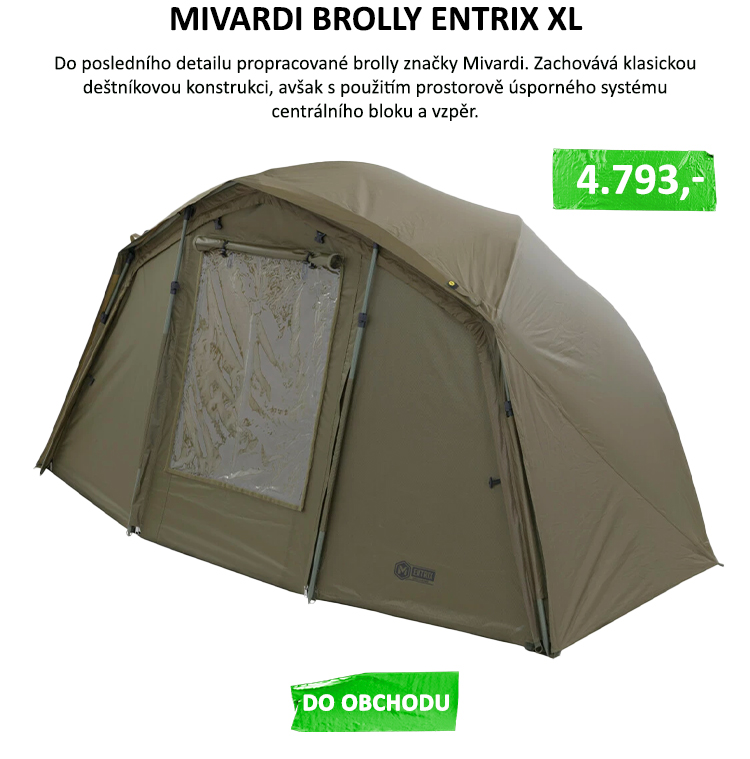 MIVARDI Brolly Entrix XL - Okna : Zadní okno : 130 x 80 x 80 cm Přední okno: 83 x 67 cm Součástí balení jsou zatloukací kolíky, stabilizační tyče 4ks, laminátová tyč na upevnění kšiltu a podlaha se ...