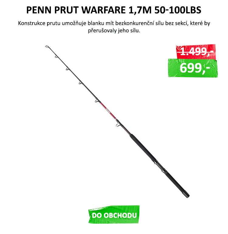 PENN Prut Warfare trolling 1,7m 50-100lbs VÝPRODEJ - Konstrukce prutu umožňuje blanku mít bezkonkurenční sílu bez sekcí, které by přerušovaly jeho sílu. Odolné sedlo navijáku zajišťuje dokonalé umístění navijáku, zatímco ergonomicky ...