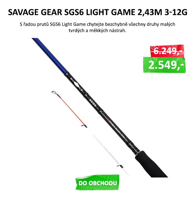 Savage Gear Prut SGS6 Light Game 2,43 m 3-12 g L VÝPRODEJ - Tyto všestranné pruty, které nabízejí pozoruhodnou schopnost nahazování, okamžité nasazení háčku a schopnost zdolávat ještě větší ryby, jsou ve své třídě.