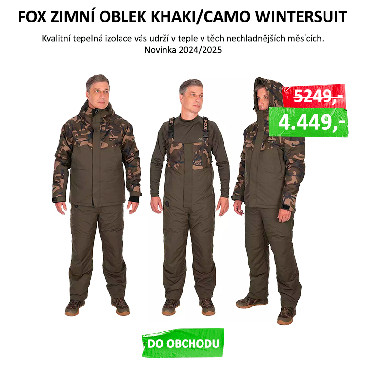 Fox Zimní Oblek Khaki/Camo Wintersuit - Sada bundy a kalhot Vodotěsný PU povlak svodním sloupcem 5000mm Prodyšnost 3000g/m2/24hod Dvojcestný hlavní zip (s klopami) na bundě i kalhotách Bund s ...