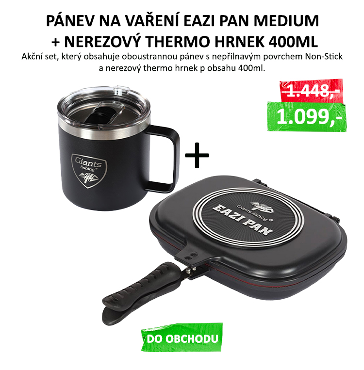 Giants fishing Akční set Pánev na vaření Eazi Pan Medium + Nerezový thermo hrnek 400ml - Oboustranná pánvička od Giants fishing s nepřilnavým povrchem Non-Stick , silikonovým těsněním a v krásném designu, je důležitou součástí každého ...