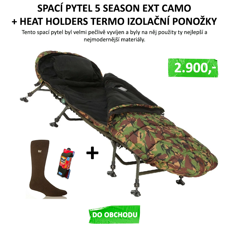 GIANTS FISHING Spací pytel 5 Season Ext Camo Sleeping Bag + HEAT HOLDERS Termo izolační ponožky ZDARMA!! - Na vnější vrstvu, byl použit velmi příjemný a nešustící materiál „ Peach Skin “ broskvová kůže, který je v atraktivním kamuflážovém ...