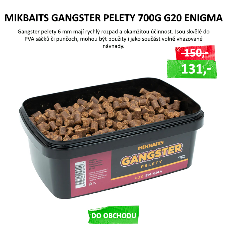 MIKBAITS Gangster pelety 700g - G20 Enigma 6mm - Gangster pelety 6 mm mají rychlý rozpad a okamžitou účinnost. Jsou skvělé do PVA sáčků či punčoch, mohou být použity i jako součást volně vhazované návnady. Před ...