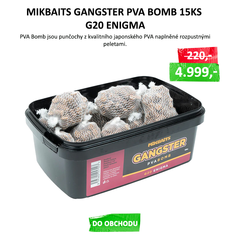 MIKBAITS Gangster PVA Bomb 15ks - G20 Enigma - PVA Bomb jsou punčochy z kvalitního japonského PVA naplněné rozpustnými peletami. Šetří nejen váš čas, ale i vaše peníze. Pelety mají rychlý rozpad, aby začaly okamžitě pracovat a ...