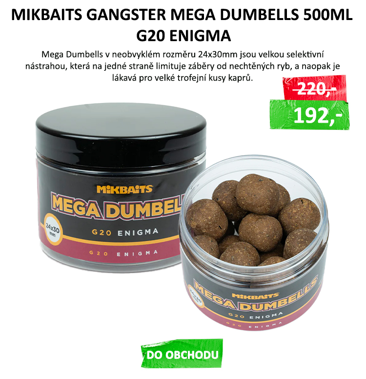 MIKBAITS Gangster Mega Dumbells 500ml - G20 Enigma 24x30mm - Mega Dumbells v neobvyklém rozměru 24x30mm jsou velkou selektivní nástrahou, která na jedné straně limituje záběry od nechtěných ryb, a naopak je lákavá pro ...