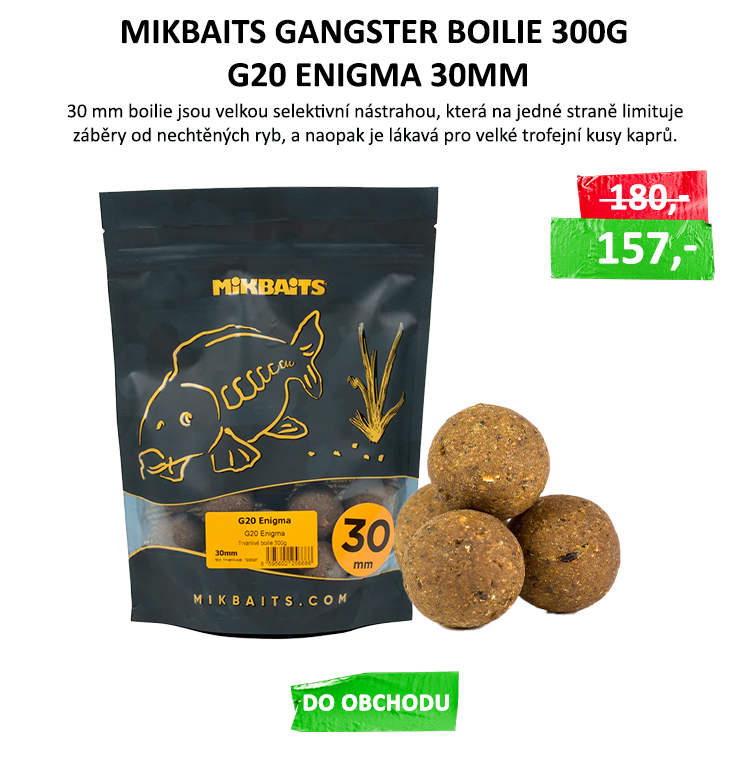 MIKBAITS Gangster boilie 300g - G20 Enigma 30mm - 30 mm boilie jsou velkou selektivní nástrahou, která na jedné straně limituje záběry od nechtěných ryb, a naopak je lákavá pro velké trofejní kusy kaprů. Gangster G20 Enigma těží ...