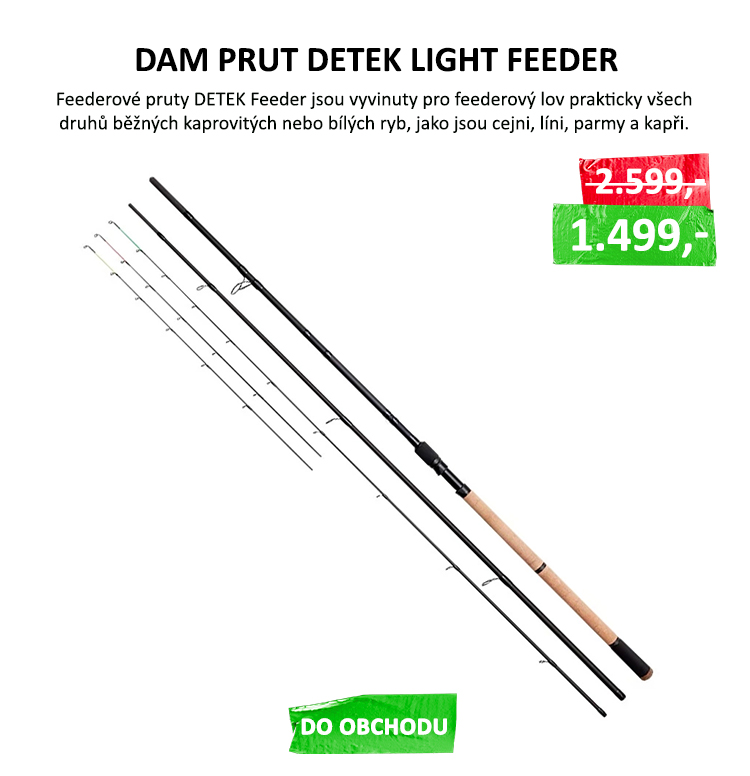 DAM prut Detek Light Feeder 3,6m 50g VÝPRODEJ - Výkonný blank z 24 + 30TC uhlíku s velice rychlou akcí dává těmto prutům dostatečné silové rezervy a skvělé nahazovací vlastnosti, díky kterým snadno dosáhnete dalekých hodů. V ...