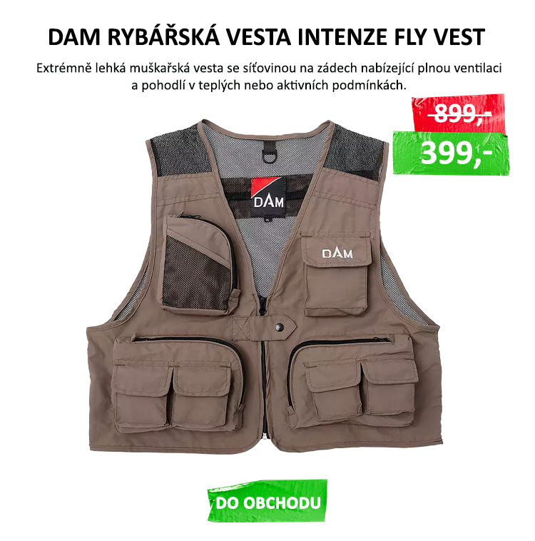 DAM rybářská vesta INTENZE FLY VEST VÝPRODEJ - 100% polyesterová skořepina a síťovina 2 krabicové náprsní kapsy, jedna se zipem a jedna se suchým zipem 2 velké kapsy na zip, 1 malá síťová kapsa a 4 další ...