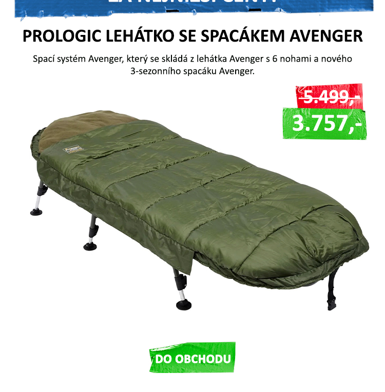 Prologic Lehátko Se Spacákem Avenger S/Bag Bedchair System 6 Leg VÝPRODEJ - Řada lehátek Avenger je stylová a funkční. Lehátka jsou navržena s úplně plochým rámem pro dokonalý komfort a pohodlí. Bohatě polstrovaná matrace je k rámu připevněna ...