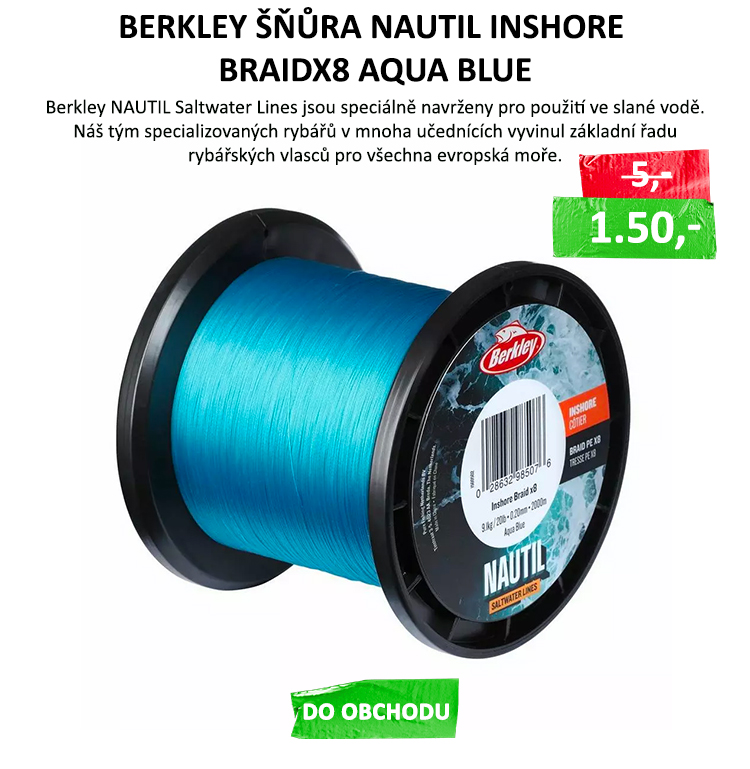 BERKLEY Šňůra Nautil Inshore Braidx8 Aqua Blue 1m VÝPRODEJ - Nezáleží na tom, zda surfcastujete na plážích ve Španělsku pro Dorade nebo lovíte návnady na pobřeží francouzské Bretaně pro mořské okouny. Berkley NAUTIL Saltwater Lines vám ...