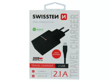 SWISSTEN adaptér 230V/2,1A 2xUSB + lightning kabel 1,2m ČERNÁ